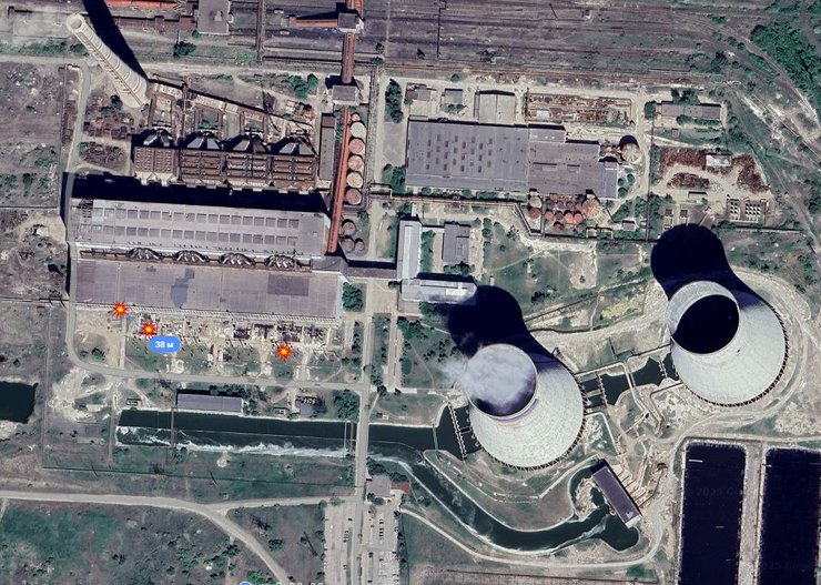 Карта з точками прильотів по Зуївській ТЕС на Донбасі 18 листопада