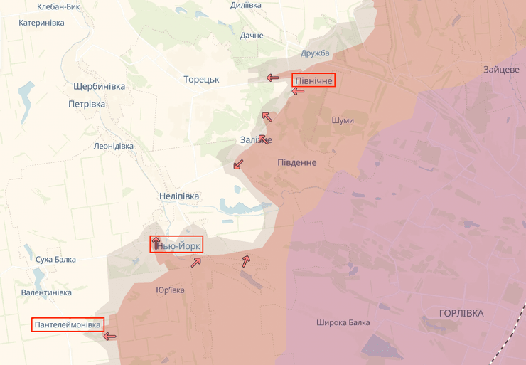 Нью-Йорк, Пивничное, Пантелеймоновка, продвижение врага, Торецкое направление, Донецкая область, карта DeepState, карта боевых действий