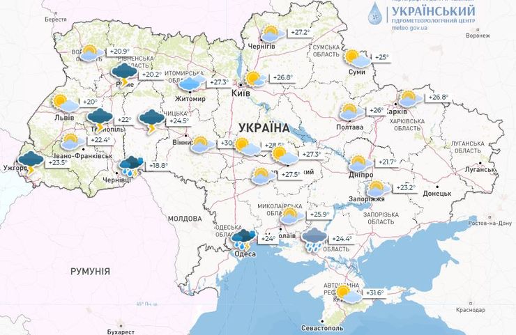 Погода в Украине 22 июля, карта