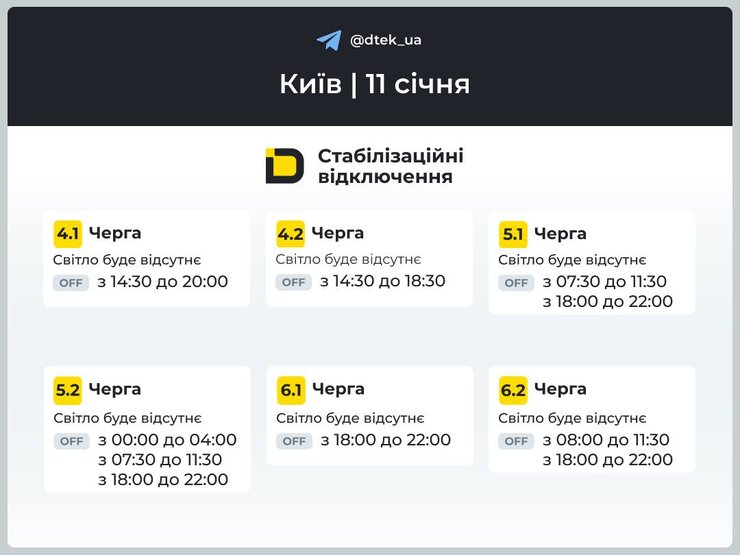 Графики отключений на 11 января в столице