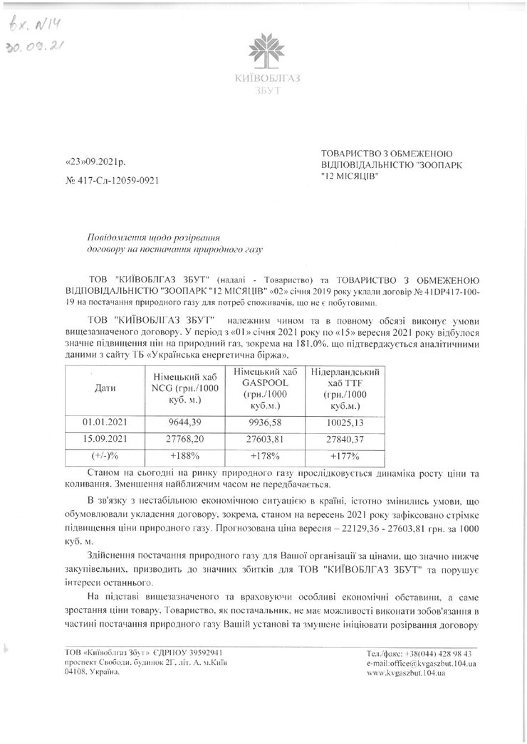 Уведомление о приостановке поставок газа в зоопарк "12 месяцев" с 23 октября