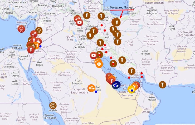 Карта ударів США, Ізраїлю та Ірану 28 лютого-3 березня, liveuamap