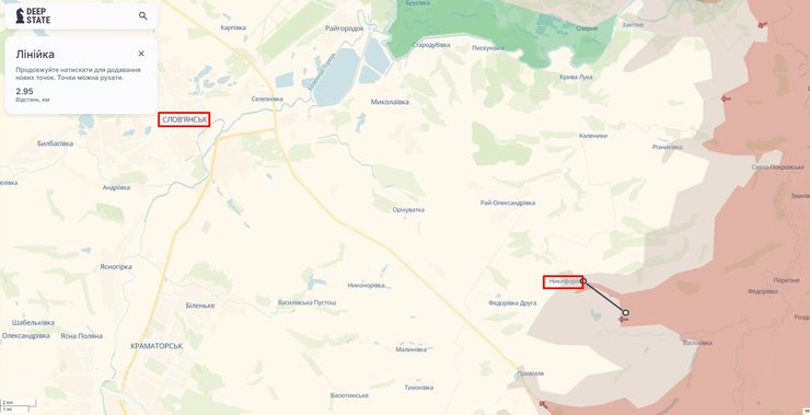 Карта фронту на ділянці Слов'янськ-Никифоровка, 6 лютого