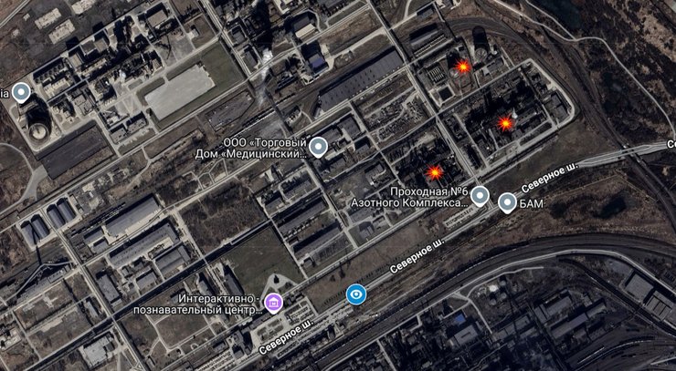 карта з точками ураження на хімзаводі "Череповець-Азот", 13 квітня