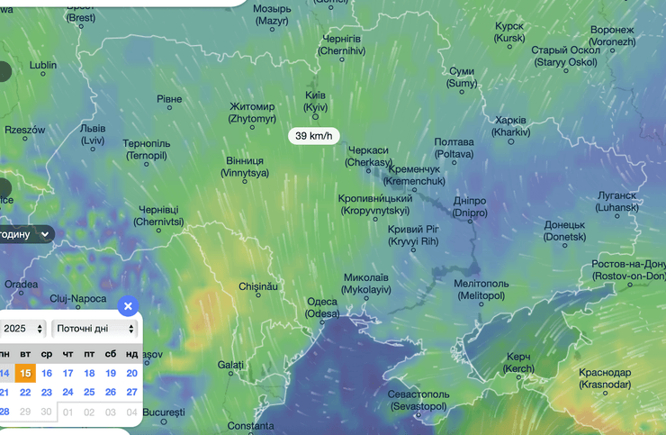 Пориви вітру в Україні 15 квітня