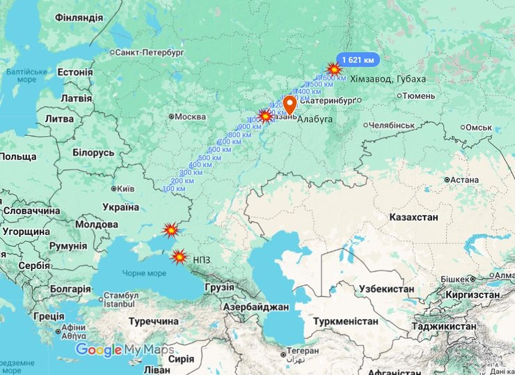 Карта з точками, до яких дістали дрони України в ніч на 17 лютого