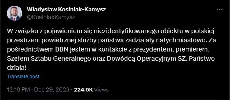 Владислав Косиняк-Камиш відреагував на інцидент із невідомим об'єктом, фото