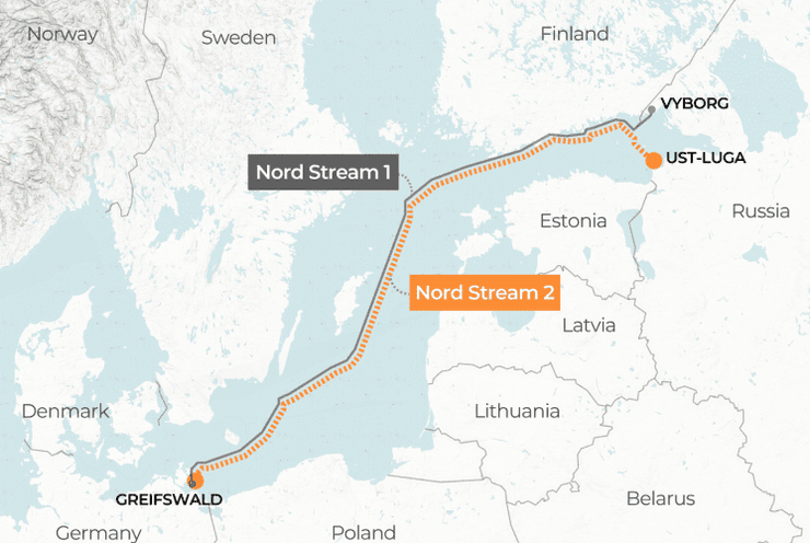 Северный поток 1 и 2 на карте