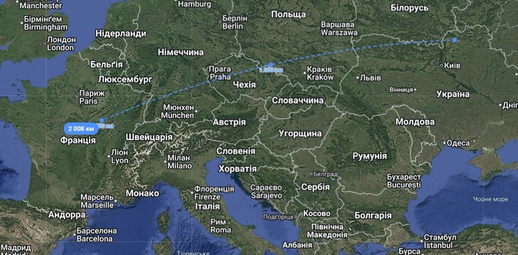 Карта, обозначающая 2000 км для управления перехватчиком Sting