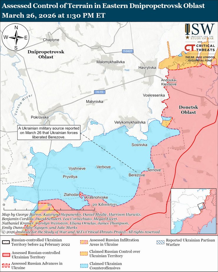 Карта фронту біля Гуляйполя-Олександрівки, 27 березня, ISW