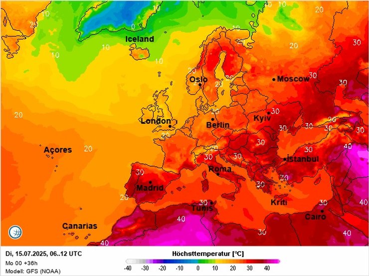 На карте погоды указано, что в Украине ожидают +30 градусов 15 июля