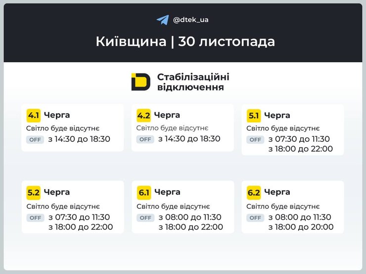 Графік відключень електроенергії в Київській області на 30 листопада
