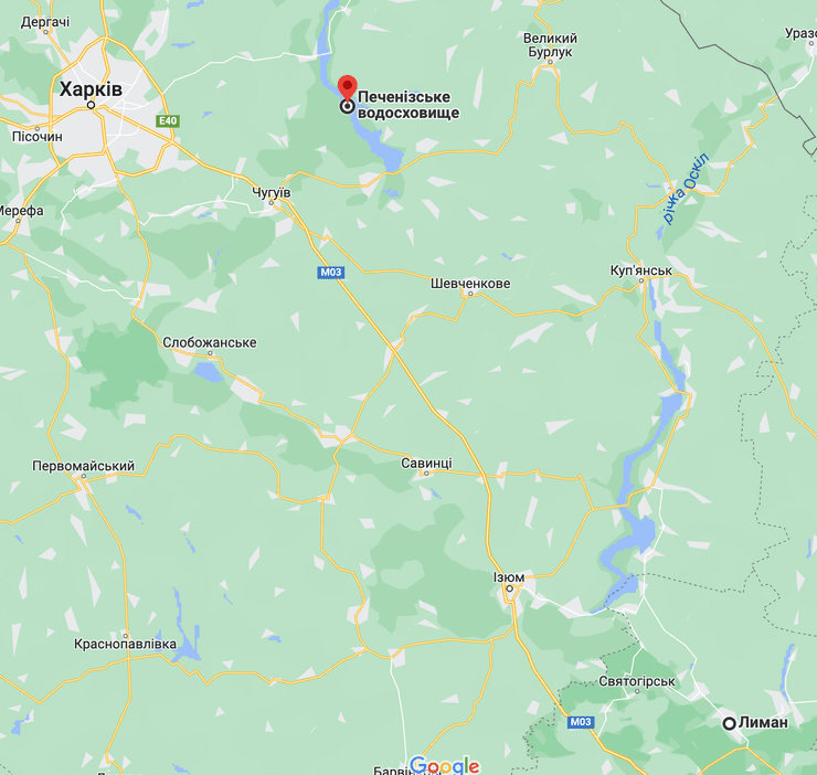 карта Печенежское водохранилище, дамба