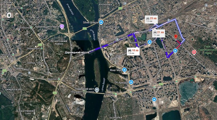 карта з даними про корок перед Дарницьким мостом у Києві 29 жовтня