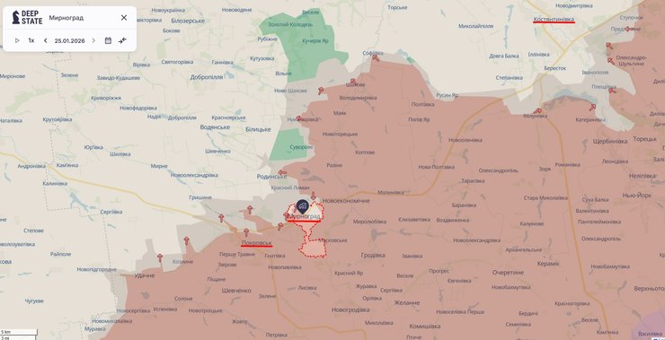 Карта лінії фронту під Покровськом та Мирноградом 25 січня, DeepState