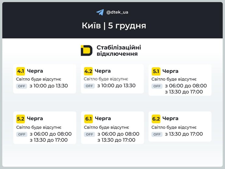 Графики отключений света 5 декабря — Киев Когда будут выключать свет в Киеве 5 декабря