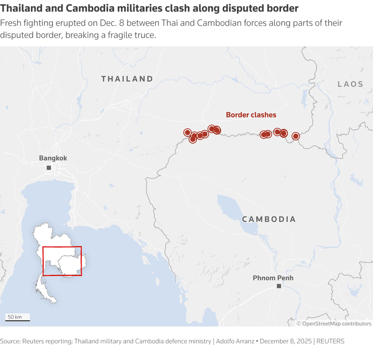 Карта столкновений между Таиландом и Камбоджей по состоянию на 8 декабря