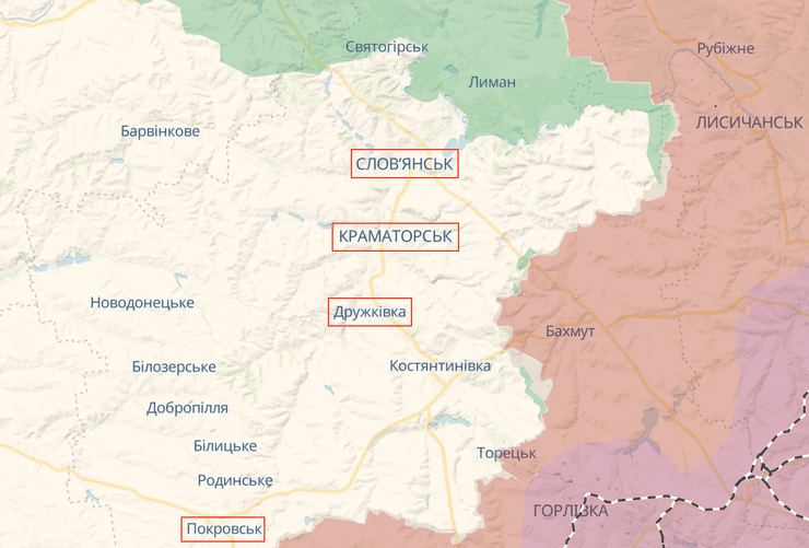 Покровськ, Дружківка, Краматорськ, Словʼянськ, карта бойових дій, Донецька область