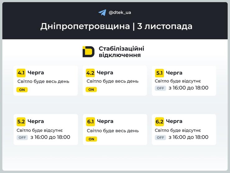 Графики отключений света в Днепропетровской области на 3 ноября Графики отключений света в Днепропетровской области на 3 ноября