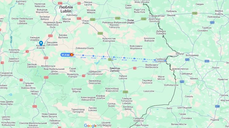 карта з точкою влучання біля селища Тарнава-Кольонія 30 липня