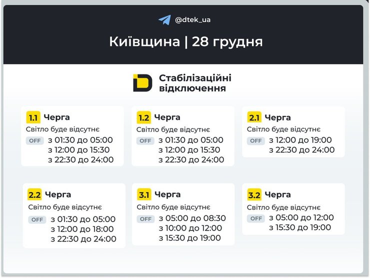 Графики отключений света на 28 декабря для 1-3 очередей в Киевской области