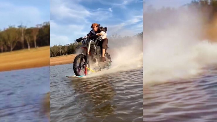 Мотоцикл едет по воде, водный мотоцикл, необычный мотоцикл, байкер собрал мотоцикл, едет по воде, из кровати и скотча,