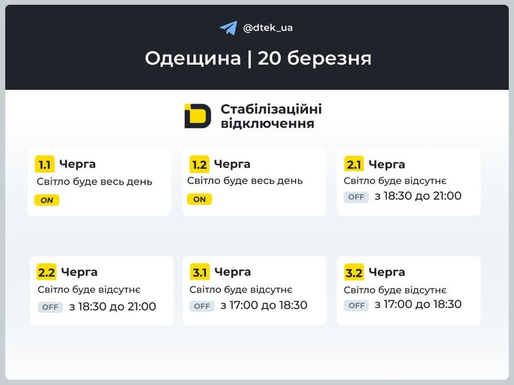 Графіки відключення світла у Одеській області на 20 березня