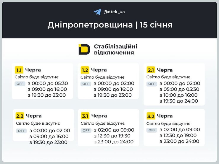 Графики почасовых отключений света в Днепропетровской области на 15 января для 1-3 очередей