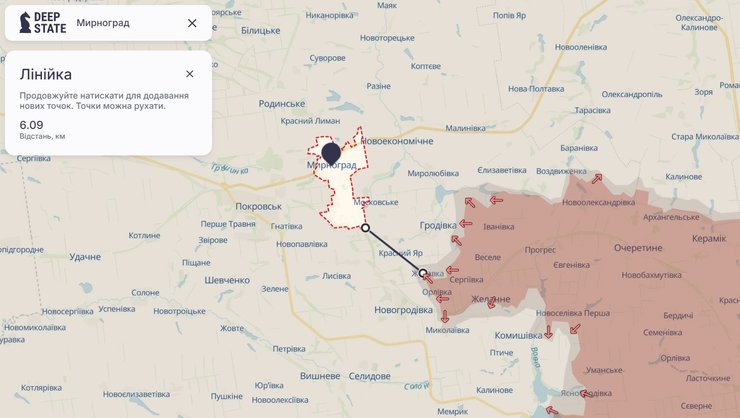 Бои на Донбассе, Мирноград, Покровск, 16 августа, карта