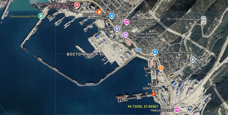 где расположен терминал "Шесхарис" в Новороссийске Карта с месторасположением терминала "Шесхарис" в Новороссийске