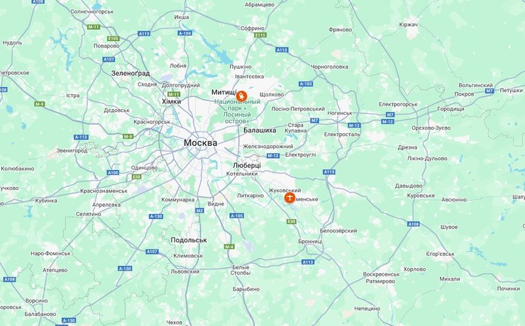 де у Москві розтавашоні два військових об'єкти РФ Карта з позначеними військовиими об'єктам РФ під Москвою