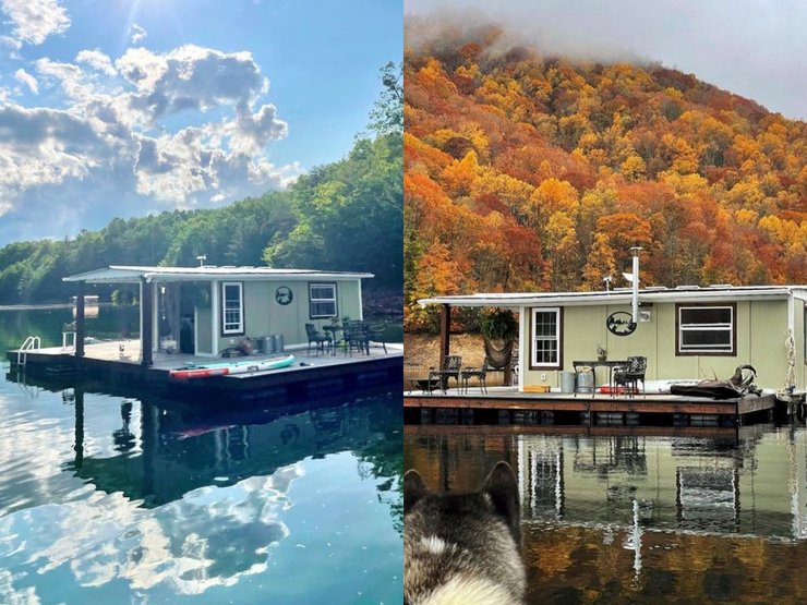 Дом на воде, плавучий дом, семейная пара, девушка, мужчина, природа, озеро