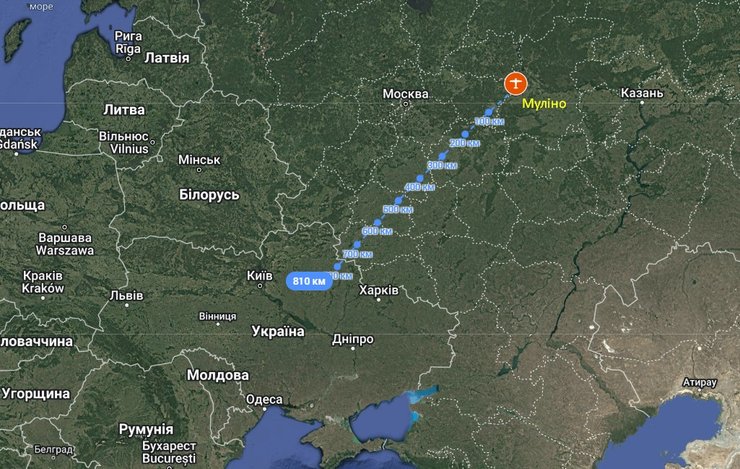 Удары по РФ, полигон РФ, Мулино, расстояние, карта