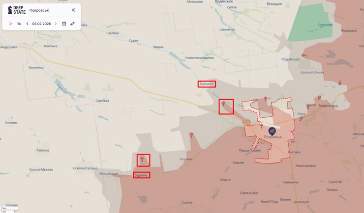 Фрагмент карты на отрезке Покровск-Гришино-Удачное, DeepState, 2 февраля