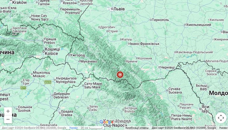 Карта землетрясения в Закарпатской области 26 августа