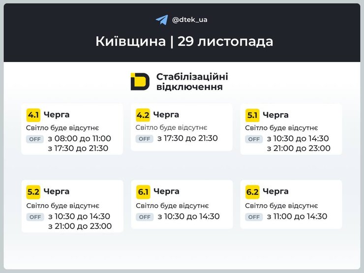 Графік відключень електроенергії в Київській області на 29 листопада
