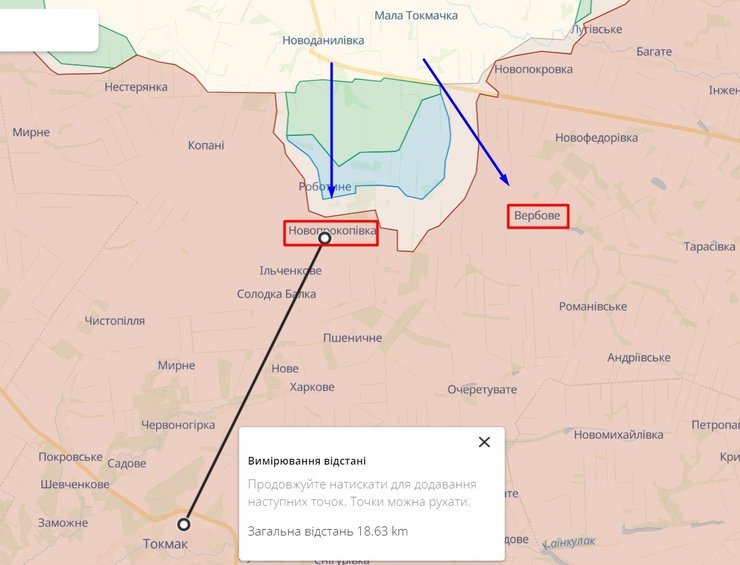 Расстояние от текущей линии фронта до Токмака на Запорожье