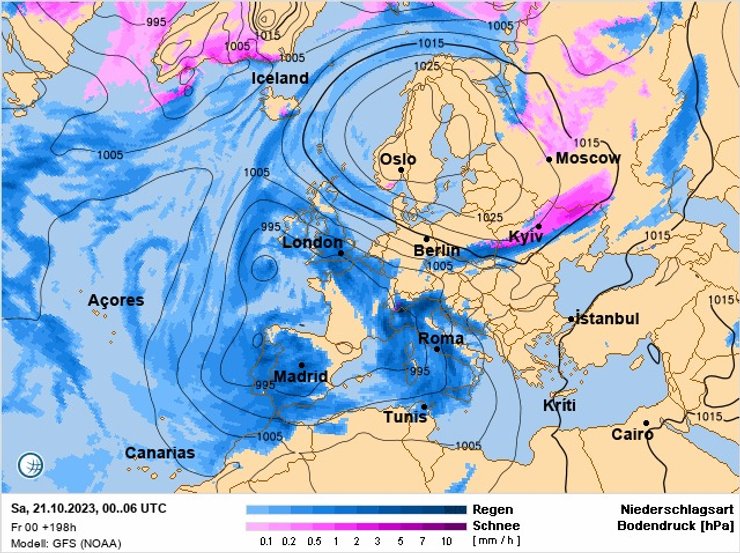 Розовым цветом на карте отмечены зоны, где 21 октября ожидается снег.