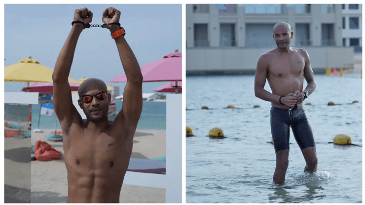 Пловец, мужчина, рекорд, наручники, море, пляж