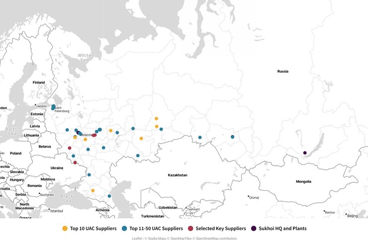 Інфографіка з підприємствами РФ, які долучені до виготовлення Су-34, Су-35