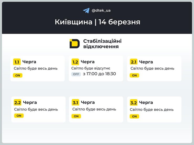 График отключения света для 1-3 очередей в Киевской области на 14 марта
