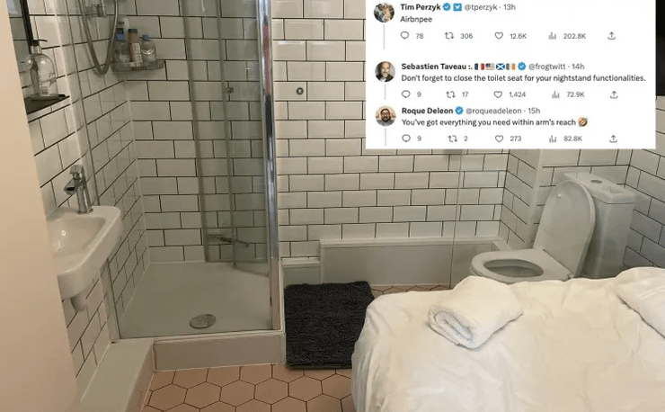 Кровать в ванной комнате, туалет, унитаз, аренда жилья, съемная квартира, Airbnb, соцсети,