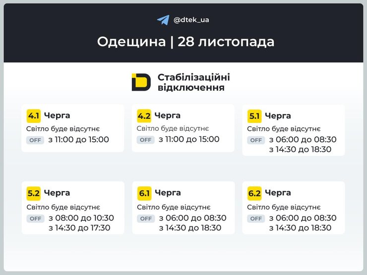 Графіки відключень електроенергії в Одеській області на 28 листопада