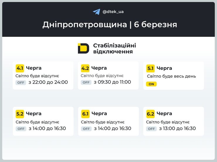 дніпропетровщина графіки відключення світла на 6 березня