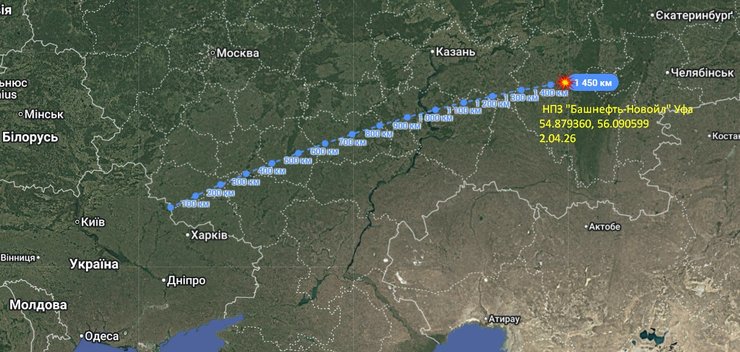 Карта з відстанню до НПЗ "Башнефть-Новойл" в Уфі