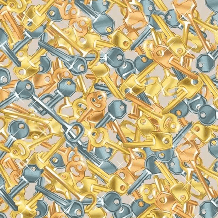 Визуальная головоломка, тест, задача, проверка зрения, проверка на внимательность, тренировка памяти, ключ, колокольчик, колокольчик среди ключей