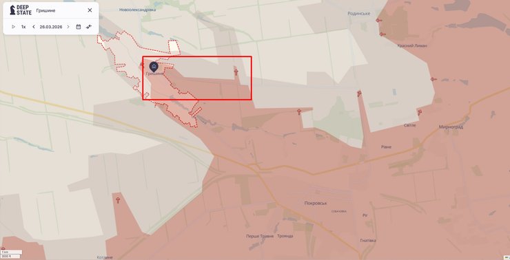Карта фронту у Гришиному станом на 26 березня, DeepState