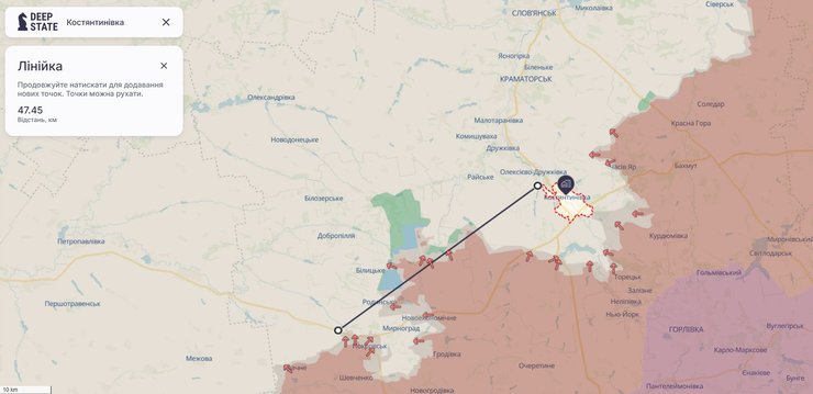Карта лінії боїв між Покровськом та Костянтинівкою 4 листопада