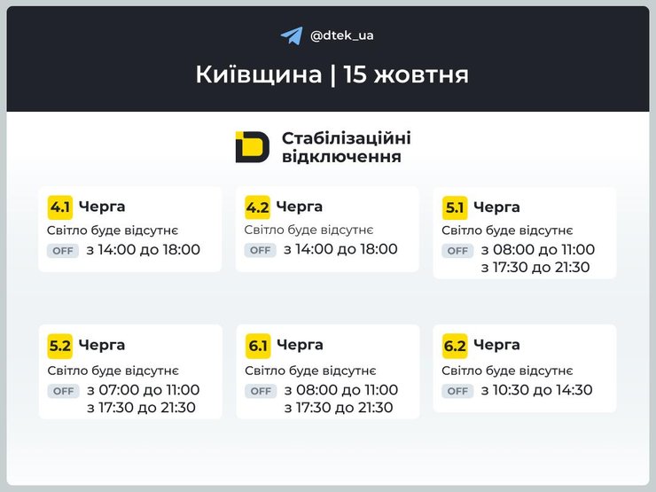 Графік відключення світла у Київський області