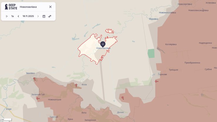 Карта боїв у Новопавлівці за даними DeepState 19 листопада